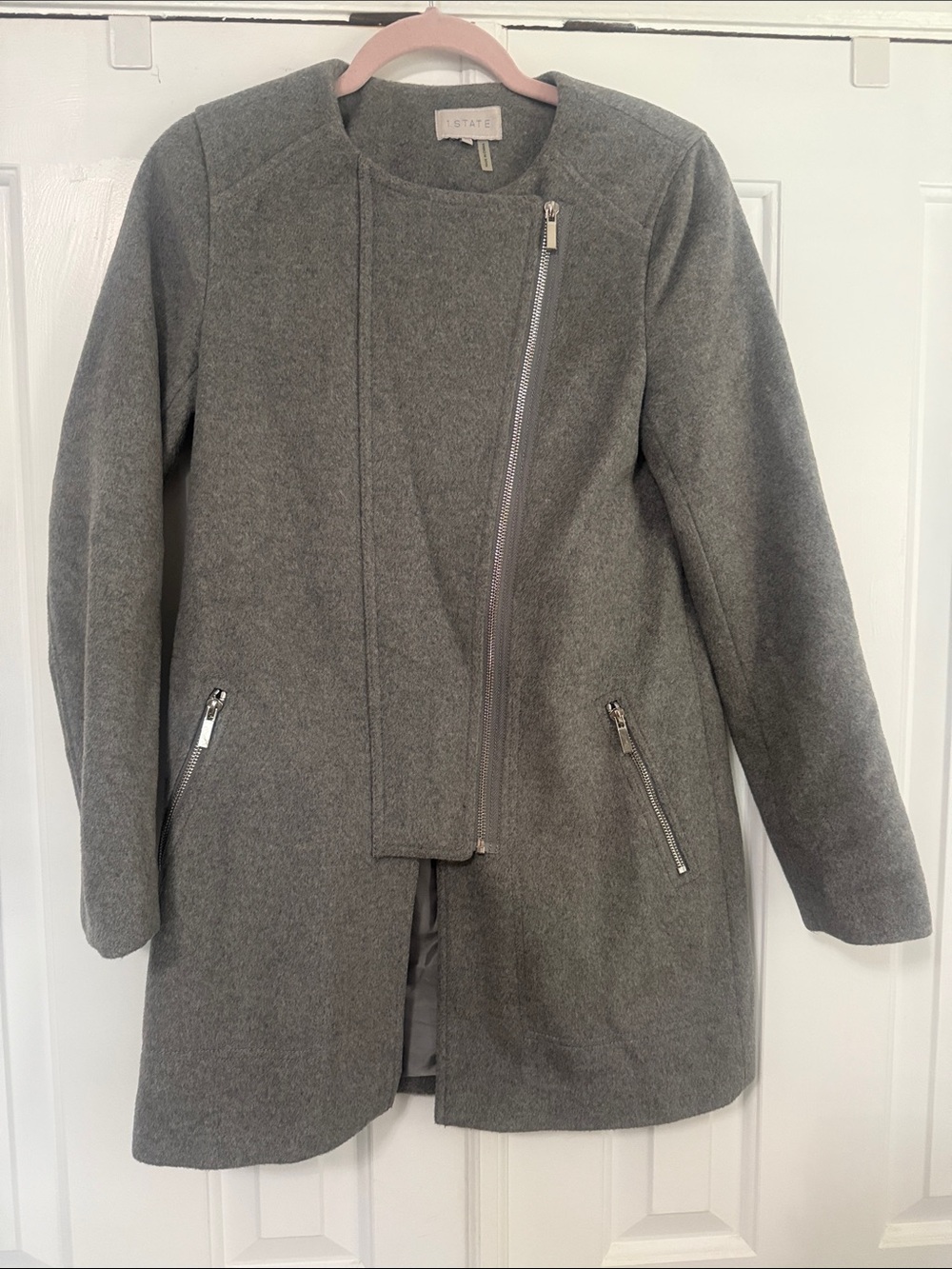 1 State Asymmetric Zip Wool Mix Coat - Gray
